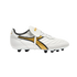 Side profile of a white Diadora soccer cleat with gold and black accents, a fold-over tongue, and black studs on a black background.