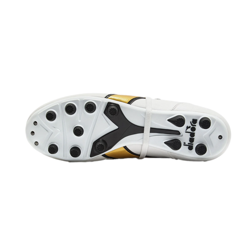 Bottom view of a Diadora soccer cleat featuring a white soleplate with round black studs and gold and black accents.