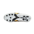Bottom view of a Diadora soccer cleat featuring a white soleplate with round black studs and gold and black accents.