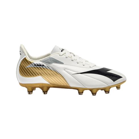 White Diadora soccer cleat with gold carbon-fiber detailing on the heel and a gold-studded sole, shown in profile against a black background.