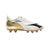 White Diadora soccer cleat with gold carbon-fiber detailing on the heel and a gold-studded sole, shown in profile against a black background.