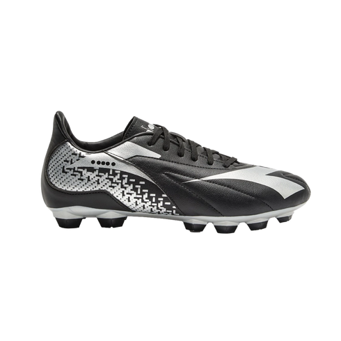 Black Diadora soccer cleat with silver pixelated heel detailing and a white studded sole plate.