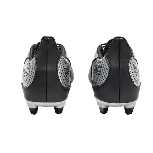 Rear view of black and silver soccer cleats with black studs, shown against a black background. The boots feature black leather heels and patterned silver side panels.