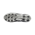 Underside view of a silver soccer cleat featuring black diamond-shaped and circular studs on a silver soleplate with a pixelated pattern.