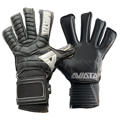 Black and silver Aviata goalkeeper gloves showing the textured, padded backhand and smooth latex palm.