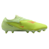 A side profile of a lime green Nike Phantom Flyknit soccer cleat with orange accents and a ridged upper, set against a black background.