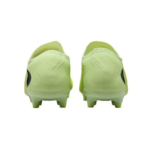 Rear view of a pair of bright lime green soccer cleats with black logos against a solid black background.