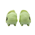 Rear view of a pair of bright lime green soccer cleats with black logos against a solid black background.