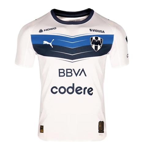 White C.F. Monterrey soccer jersey with blue chevron chest stripes, featuring Puma, BBVA, and Codere logos.