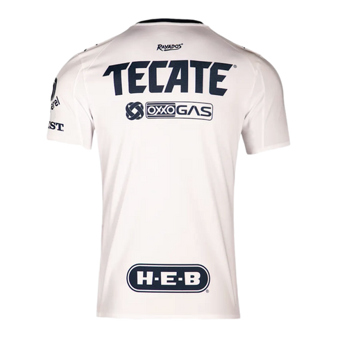 Back view of a white Rayados soccer jersey featuring navy blue Tecate, Oxxo Gas, and H-E-B sponsor logos.