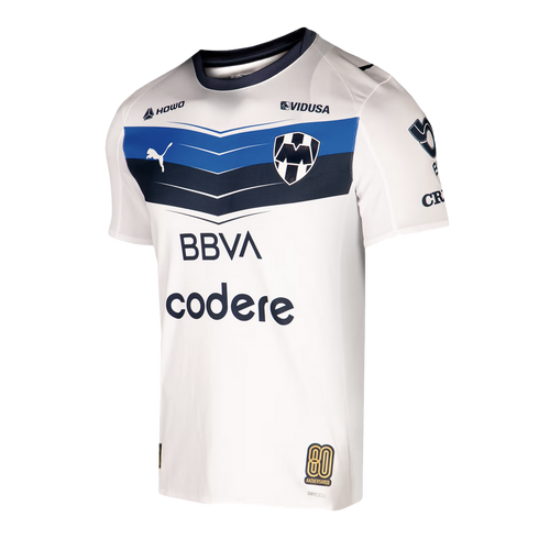 White C.F. Monterrey 80th anniversary soccer jersey featuring a blue chevron chest design, Puma logo, team crest, and BBVA and Codere sponsors.