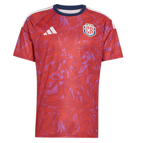 Red short-sleeved Adidas soccer jersey with an abstract wavy purple pattern, navy crew neck, and the Costa Rica "CR" crest on the chest.