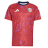 Red short-sleeved Adidas soccer jersey with an abstract wavy purple pattern, navy crew neck, and the Costa Rica "CR" crest on the chest.