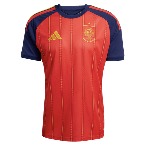 Red Adidas Spain national soccer jersey with navy sleeves, vertical pinstripes, and a yellow team crest on the chest.