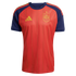 Red Adidas Spain national soccer jersey with navy sleeves, vertical pinstripes, and a yellow team crest on the chest.