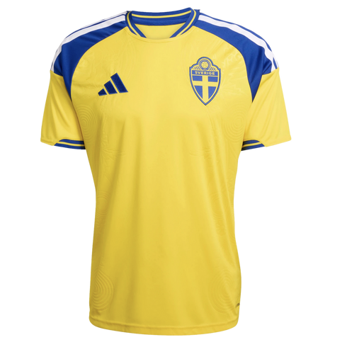 Yellow Adidas Sweden soccer jersey with blue and white shoulder stripes and the team crest on the chest.
