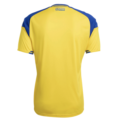 Back view of a yellow and blue Swedish national team jersey with "SVERIGE" printed below the neckline.