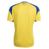 Back view of a yellow and blue Swedish national team jersey with "SVERIGE" printed below the neckline.
