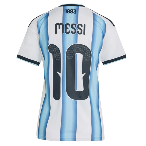 Back of a light blue and white striped Argentina soccer jersey with the name "MESSI", number "10", and "1893" printed at the top.