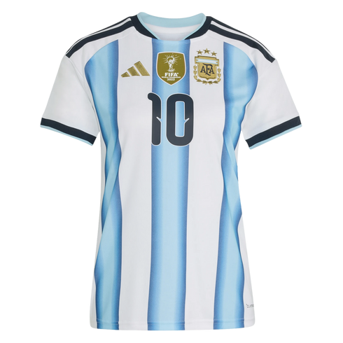 Argentina home football jersey with light blue and white stripes, three-star AFA crest, gold FIFA World Champions patch, and number 10.