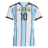 Argentina home football jersey with light blue and white stripes, three-star AFA crest, gold FIFA World Champions patch, and number 10.