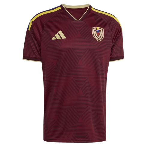 Maroon Adidas Venezuela national team soccer jersey with gold trim, yellow shoulder stripes, and a subtle geometric pattern.