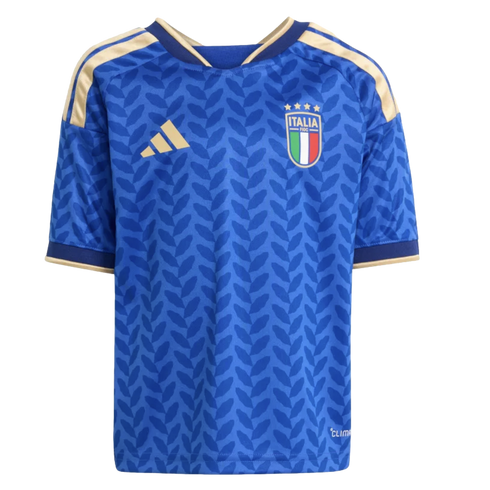 Blue Italy national team soccer jersey by Adidas with a gold crest, shoulder stripes, and an allover geometric leaf pattern.