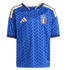 Blue Italy national team soccer jersey by Adidas with a gold crest, shoulder stripes, and an allover geometric leaf pattern.