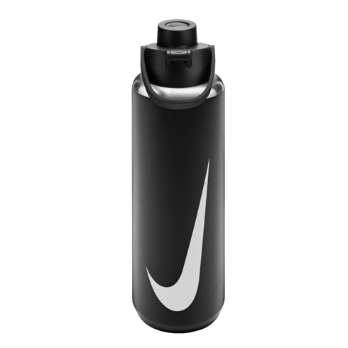 Matte black Nike water bottle featuring a large white swoosh logo and a black screw-on lid with a carry handle.