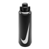 Matte black Nike water bottle featuring a large white swoosh logo and a black screw-on lid with a carry handle.