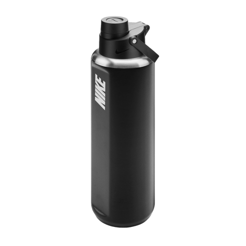 A matte black Nike water bottle with a silver rim and a black screw-top lid featuring a carry handle, set against a solid black background.