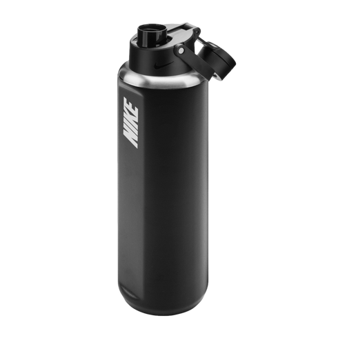 Matte black Nike water bottle with silver metallic trim and a chug-style lid, isolated against a black background.