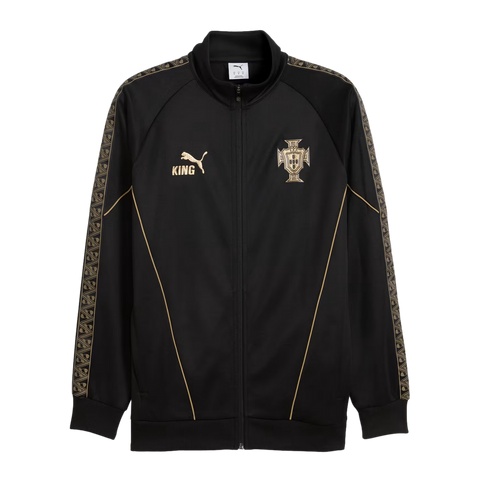 Black PUMA KING track jacket with gold accents. Features the Portugal football crest on the chest and gold patterned tape along the sleeves.
