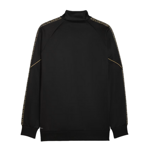 Back view of a black track jacket featuring gold patterned tape on the sleeves, gold piping accents, and ribbed cuffs and hem.
