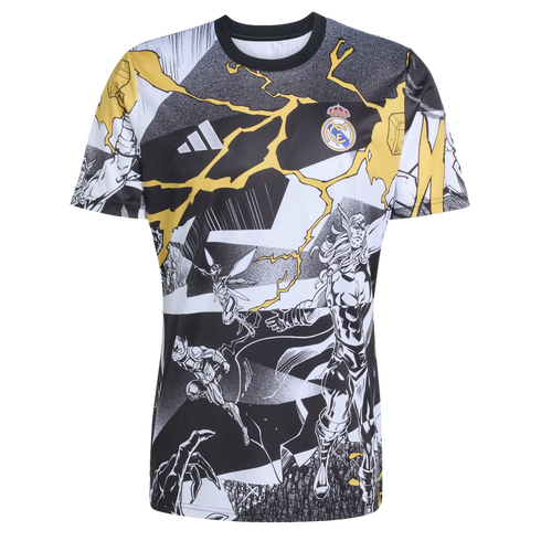 Adidas Real Madrid x Marvel soccer jersey with black and white comic book graphics of Thor and yellow lightning. Includes club crest and Adidas logo.
