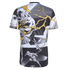 Back of a t-shirt featuring black and white Marvel comic illustrations of Black Panther, Ant-Man, and The Wasp, accented with vibrant yellow lightning bolts.
