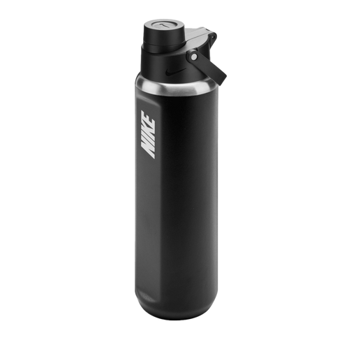 Matte black Nike water bottle with a vertical white logo, silver metal rim, and a black lid with a built-in carrying handle.