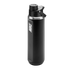 Matte black Nike water bottle with a vertical white logo, silver metal rim, and a black lid with a built-in carrying handle.