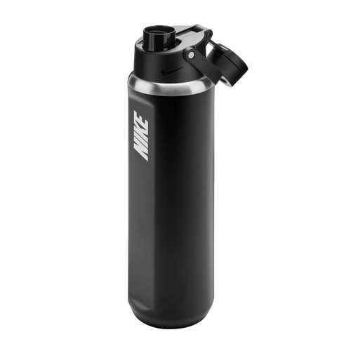 A matte black Nike water bottle with a vertical white logo on the side and a flip-top lid, shown against a black background.