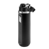 A matte black Nike water bottle with a vertical white logo on the side and a flip-top lid, shown against a black background.