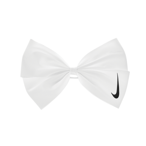 A white fabric bow featuring a black Nike swoosh logo on the right side, set against a black background.