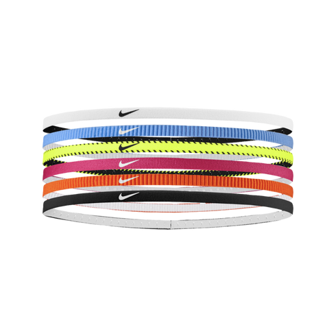 Six thin Nike elastic headbands in various colors (white, blue, lime, pink, orange, black) stacked vertically. Each headband features the iconic swoosh logo.