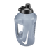A translucent grey Nike water jug with a built-in handle, a black flip-top cap, and a large white swoosh logo on the front.