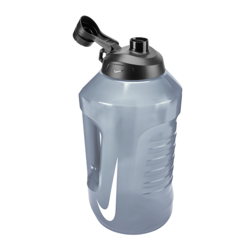 Smoky gray Nike water jug with a black flip-top lid and a large white swoosh logo.
