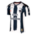 Puma Monterrey home soccer jersey featuring navy blue and white vertical brushstroke stripes, sponsor logos, and an 80th-anniversary gold patch.