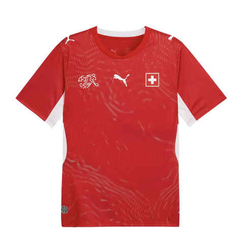 A red Switzerland national football jersey by Puma with white logos, Swiss flag, and white side panels. Features a subtle wavy line pattern throughout.