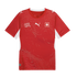 A red Switzerland national football jersey by Puma with white logos, Swiss flag, and white side panels. Features a subtle wavy line pattern throughout.