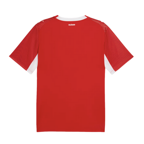 Back view of a red soccer jersey with white trim on the collar and underarms. The word "suisse" is printed in small white text on the upper back.