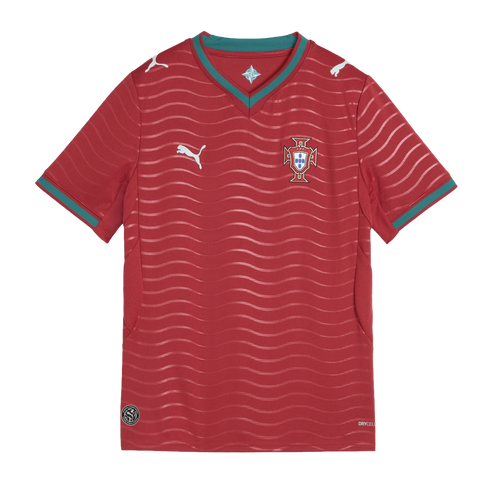 A red Puma Portugal national team soccer jersey with a wavy horizontal pattern and green trim on the v-neck and cuffs.