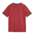 Rear view of a red soccer jersey featuring horizontal wavy patterns, teal collar and sleeve trim, and white Puma logos on each shoulder.